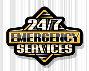 Vector sign 24/7 Emergency Services, black isolated tag with illustration of colorful stripes, unique decorative lettering for words 24/7 emergency services and shadow on gray striped background.