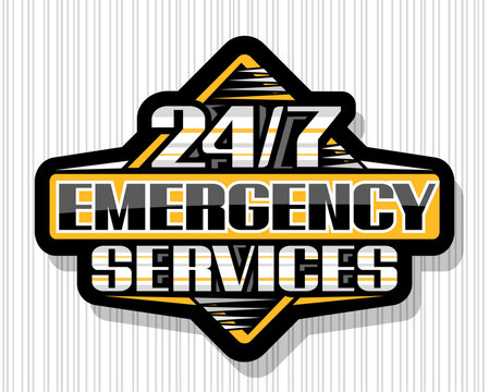 Vector sign 24/7 Emergency Services, black isolated tag with illustration of colorful stripes, unique decorative lettering for words 24/7 emergency services and shadow on gray striped background.