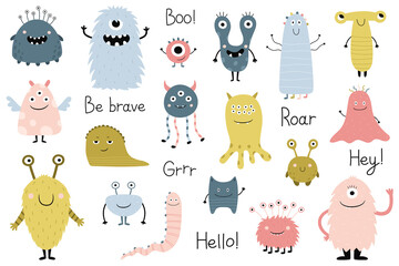 A set of cute cartoon monsters. Funny characters for the design of children's clothing, T-shirt print, postcard design, posters, children's room. Vector illustration in a flat style © Victoria Guzeeva