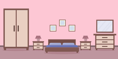 Bedroom with furniture. Interior of a room. Vector illustration.