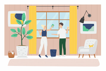 Man and woman wash window in living room