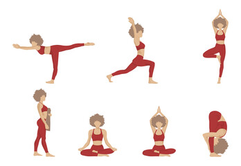 Yoga set. Woman different in yoga poses. Set of vector illustrations isolated on white background.