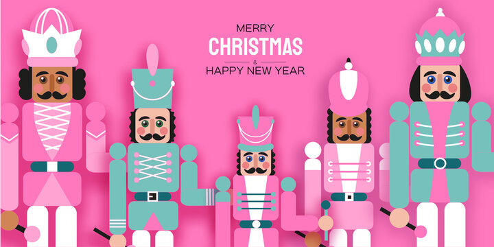 Pink Sugar Christmas Nutcracker in paper cut style. Cute soldier toy. December Ballet party. Creative Merry Xmas invitation. Happy New Year. Winter holidays. Space for text.