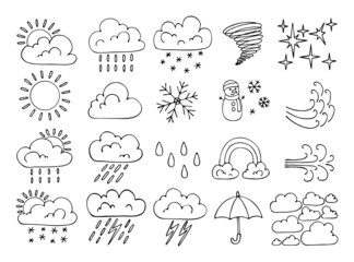 Thin line weather icons set. Hand drawn meteorological symbols of the forecast. Sun, cloud, thunderstorm, rain, snow, hurricane, clear, rainbow, wind, umbrella, fog. Vector doodle illustration.