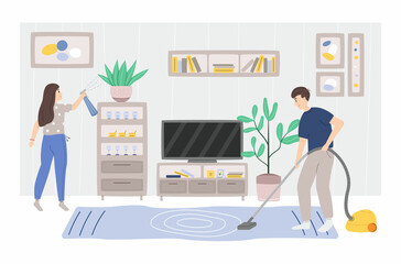Man and woman cleaning living room