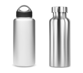 Reusable water bottle. Isolated aluminum metal bottle blank. Stailess steel thermo flask, outdoor equipment. Bicycle bottle, glossy steel template illustration. Realistic recycle tin