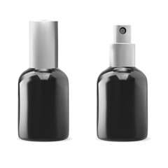 Cosmetic serum spray bottle. Small beauty essence packaging. Black glass airless pump container, skin toner advertising. Essential fragrance package, body skin serum