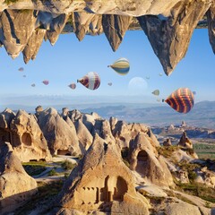 Welcome to Cappadocia concept. Fantastic unreal turned upside down landscape. Hot air balloons fly...