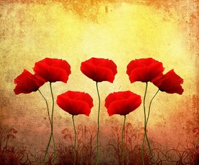 Beautiful red poppies on a vintage golden background