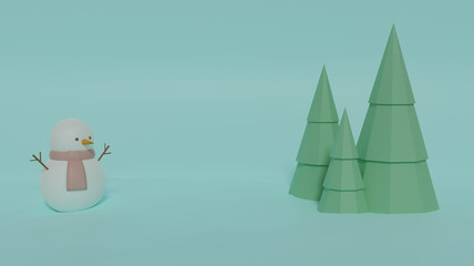 3d design of a christmas illustration with a snowman with a pink scarf and some green christmas trees with snow on the ground and a blue background