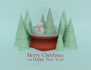 Merry Christmas and happy new year text in 3d illustration with a snow globe with a snowman and green christmas trees with a blue background