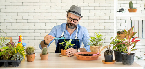 An elderly man handsome with have mustache wearing glasses is happy with tree care. is a hobby of...