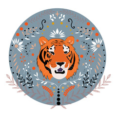 The year of the tiger symbol decorated with a flowers
