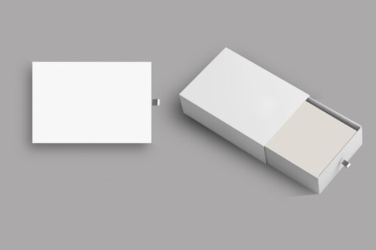 Blank Rigid Sleeve box die cut mock up template. Blank sliding drawer cardboard box with pull tab for branding presentation, 3d rendering 