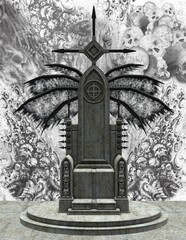Dark throne on a scary skulls backdrop