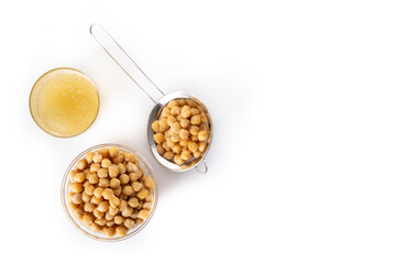 Chickpea water aquafaba isolated on white background. Chickpea water is a substitute for eggs in...