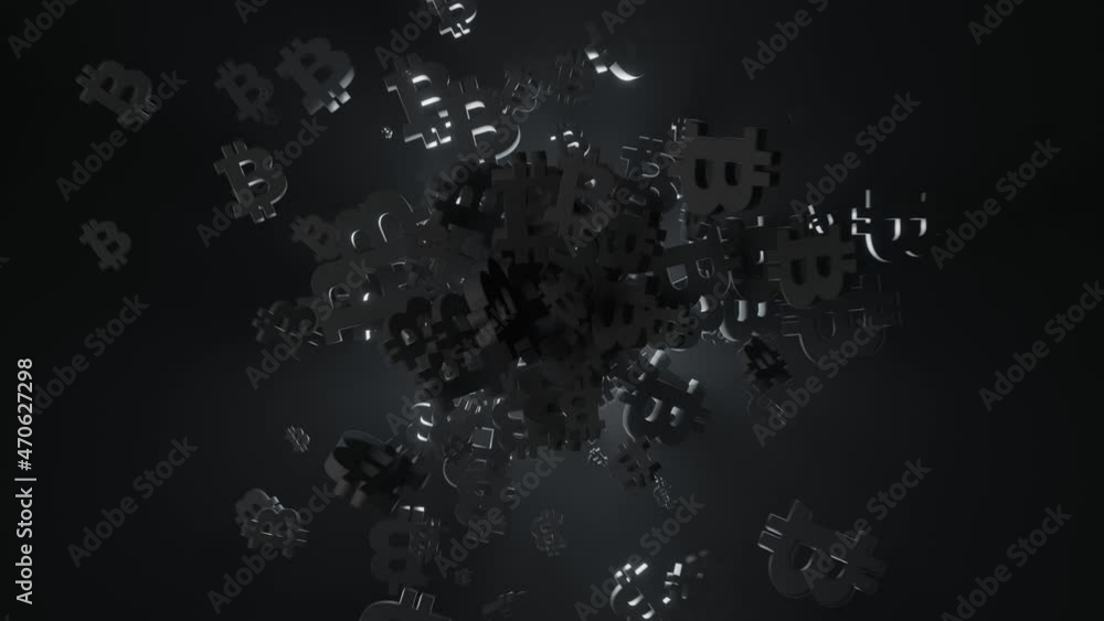 Poster flying crypto mining symbol in random motion on dark environment with volumetric back lighting.