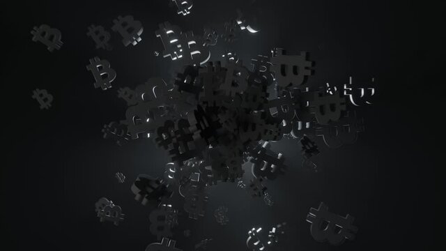 Flying crypto mining symbol in random motion on dark environment with volumetric back lighting.
