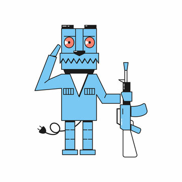 Illustration of a cartoon robotic dog. She is holding an M-16 assault rifle in one hand. With the other hand, she salutes. 