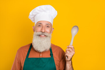 Portrait of attractive cheerful grey-haired man chef holding spoon cafe cafeteria service isolated...