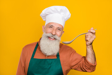 Portrait of attractive cheerful funny grey-haired man chef preparing meal fast food service...