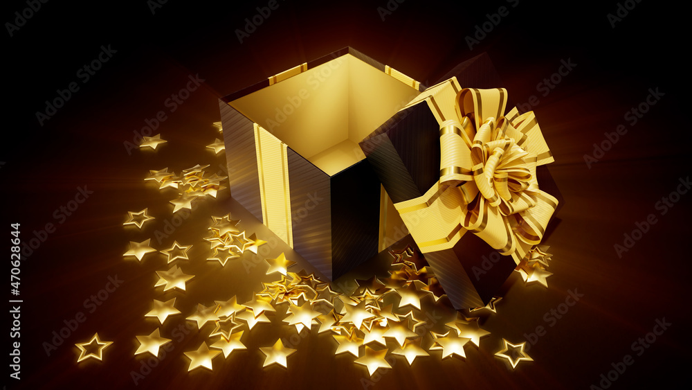Poster black friday sale opened gift box with light from inside - abstract 3d rendering