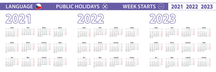Simple calendar template in Czech for 2021, 2022, 2023 years. Week starts from Monday.