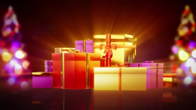 glowing present boxes pile with new year pine tree