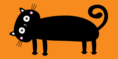 Funny cat. Cute kawaii cartoon baby pet character. Long body. Black kitten head face looking up. Happy Halloween. Greeting card print. Flat design. Isolated. Orange background.