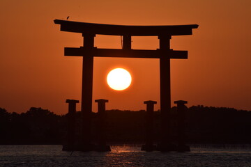 Fototapeta premium 弁天島の鳥居に沈む夕日