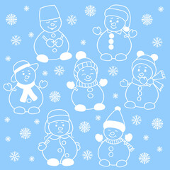 Set of Christmas snowmen with snowflakes, white on blue