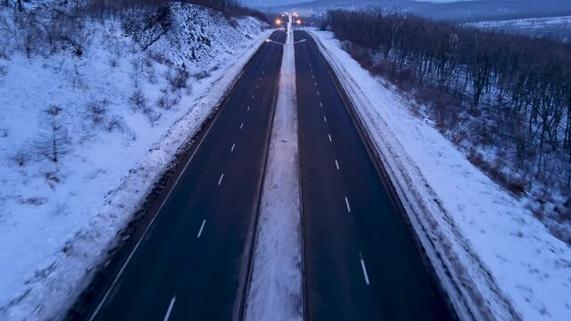 Highway on the Russky Island in winter. View from above.