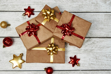 Christmas Gift boxes wrapped in craft paper