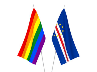 National fabric flags of Rainbow gay pride and Republic of Cabo Verde isolated on white background. 3d rendering illustration.