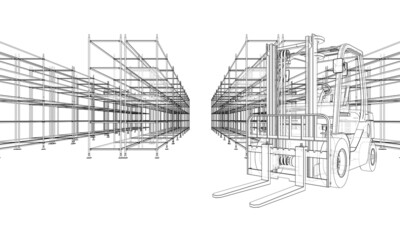 Warehouse shelves and forklift. 3d illustration