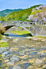 The river, bridge, cherry blossoms and mountains representing spring
