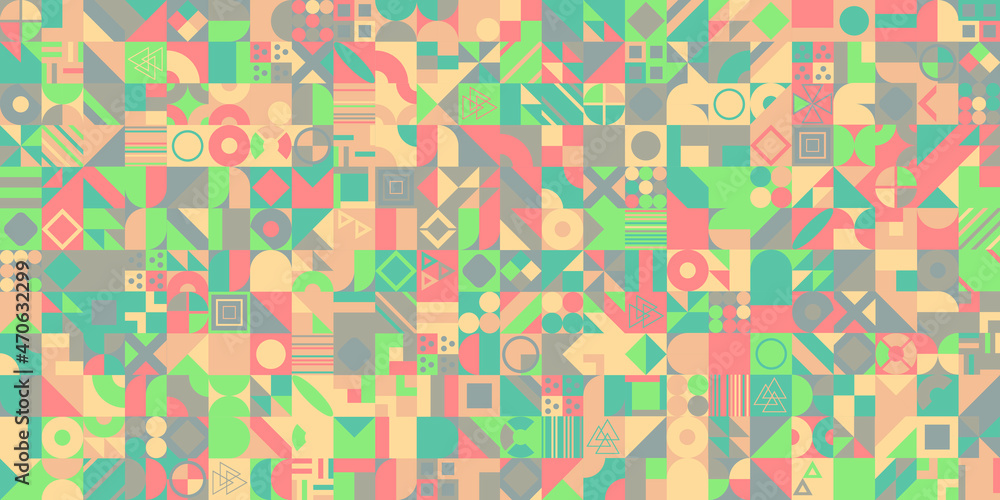 Poster abstract multicolored geometric pattern. different geometric figures background. flat minimal style.