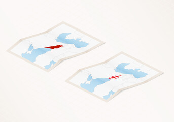 Two versions of a folded map of Georgia with the flag of the country of Georgia and with the red color highlighted.