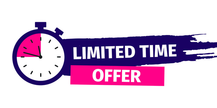 Limited time offer with time countdown. Super promo label with alarm clock and word. Last offer banner for sale promotion. Red flat sticker hurry deal. Auction tag. Last minute chance stamp. vector