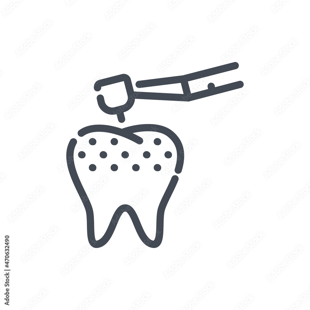 Poster caries removal line icon. tooth with caries and drill machine vector outline sign.