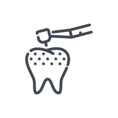 Caries removal line icon. Tooth with caries and drill machine vector outline sign.