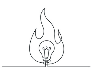 Continuous line drawing of flame arround lightbulb as a symbol of ideas. Ceative problem solving. Electric lamp in middle of flame. Vector illustration