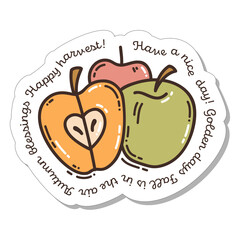 Colorful hand-drawn harvest sticker with three apples in doodle style and lettering isolated on white background. Cute vector collection for seasonal decoration.