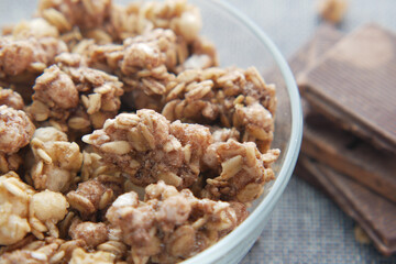 muesli chocolate flavor cereal breakfast in bowl 