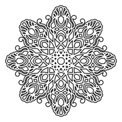 a fabulous flower. isolated circular ornament. element. kaleidoscope. black and white contour drawing by hand. coloring page, embroidery, henna, pattern, print, tattoo.