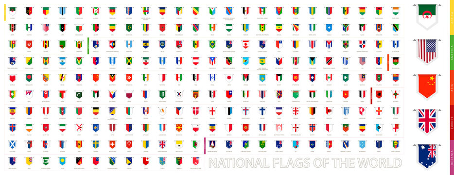 Vertical tag flags of the world, large set of flags.