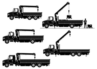 Silhouette of crane lorry. Truck mounted crane. Side view of knuckle boom crane on the truck. Vector. - 470633203