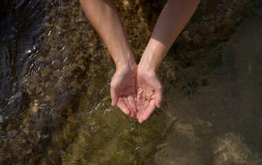 Woman with hands cupped holding water