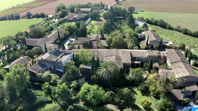 Aerial view, flight at Finca and building of the Bodega Biniagual, luxury winery Binissalem, Mallorca, Balearic Islands, Spain