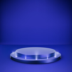 Blue round podium on dark background. Platform illuminated by spotlights. Empty pedestal for award ceremony
